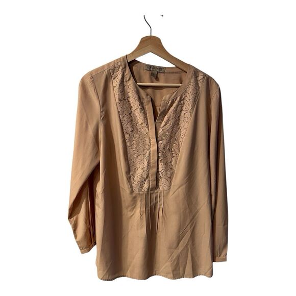 NINE WEST VINTAGE AMERICA Blouse Womens M Lace Inlay Beige Tunic Feminine Whimsy - Picture 1 of 7